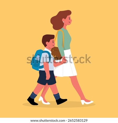 Mother and Son Walking Together – Flat Vector Illustration of a Working Woman and School Boy in Morning Routine