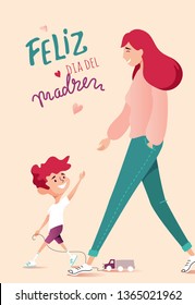 Mother and son walking together. Text Happy mother`s day written in spanish. Cartoon vector illustration