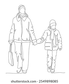 Mother with son in winter warm clothes walking and holding hands. Continuous line drawing. Black and white vector illustration in line art style.