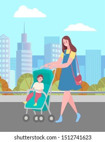 Mother and son, woman walking with baby in pram or carriage on city street vector. Mom with kid and skyscrapers behind, towers and downtown, cityscape