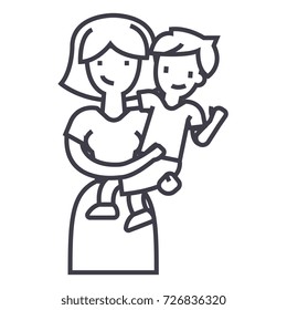 mother with son,mum with kid vector line icon, sign, illustration on background, editable strokes