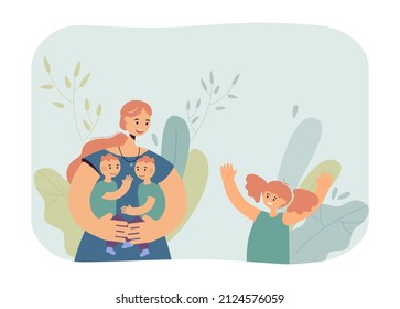 Mother with sons in hands and daughter flat vector illustration. Cute eldest daughter asking to be held by her mother. Motherhood, family concept for banner, website design or landing web page