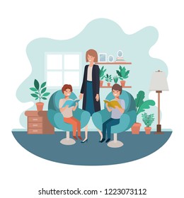 mother and sons sitting in chair avatar character