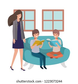 mother and sons sitting in couch avatar character