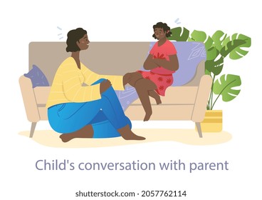 Mother is spending leisure time with her teenager daughter at home. Concept of family relations, parenting. Cheerful mother is talking to her daughter. Flat cartoon vector illustration