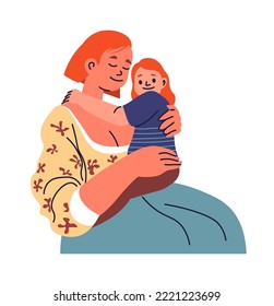 Mother spending time with daughter, isolated woman cuddling kid holding on hands. Mom and toddler hugging parent caring for child. Happy family relationship. Vector in flat style illustration