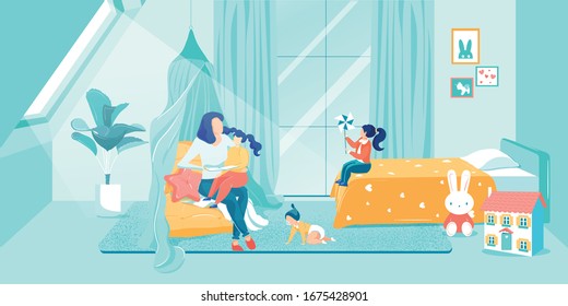 Mother Spending Time with Three Daughters in Childrens Room Flat Cartoon Vector Illustration. Kid Sitting on Moms Knees in Tepee or Wigwam. Little Girls Playing with Toys. Spending Leisure Time.
