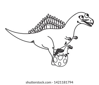 mother spinosaurus with baby breaking the shell egg
