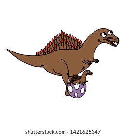 mother spinosaurus with baby breaking the shell egg