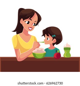Mother spoon feeding her little daughter sitting at the table, cartoon vector illustration isolated on white background. Portrait of mother feeding her daughter with porridge sitting at the table