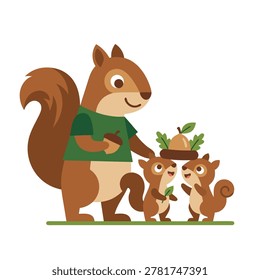 A mother squirrel and her two young children are gathered around a pile of acorns, with a small basket of acorns nearby.