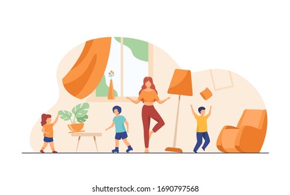 Mother standing calm in the middle of room flat vector illustration. Mischievous and naughty children making chaos. Parenting and behavior concept.