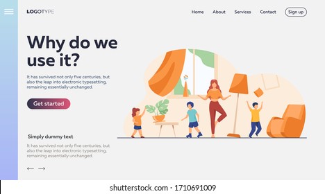 Mother standing calm in the middle of room flat vector illustration. Mischievous and naughty children making chaos. Parenting and behavior concept.