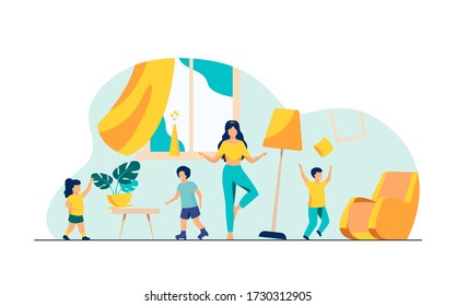 Mother standing calm in the middle of room flat vector illustration. Mischievous and naughty children making chaos. Parenting and behavior concept.