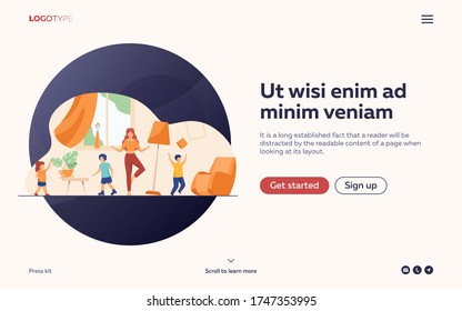 Mother standing calm in the middle of room flat vector illustration. Mischievous and naughty children making chaos. Parenting and behavior concept.