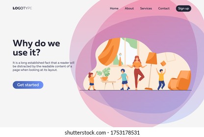 Mother standing calm in the middle of room flat vector illustration. Mischievous and naughty children making chaos. Parenting and behavior concept.