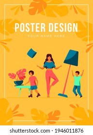 Mother standing calm in the middle of room flat vector illustration. Mischievous and naughty children making chaos. Parenting and behavior concept.