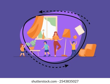 Mother standing calm in the middle of room flat vector illustration. Mischievous and naughty children making chaos. Parenting and behavior concept.