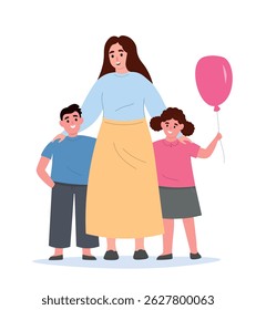Mother standing full length with her son and daughter, hugging them. Happy family with children together. Vector flat graphics.