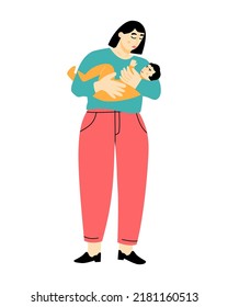 Mother Standing With Her Baby. Portrait Of Young Mom Holding Her Newborn On Hands. Young Woman And Infant Kid. Vector Flat Illustration