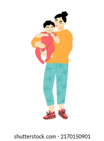 Mother standing with her infant kid. Portrait of young mom holding her baby on hands. Vector flat illustration