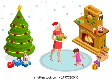 Mother standing holding roasted turkey with vegetables on a platter. Christmas turkey. Thanksgiving dinner isometric illustrations. Christmas dinner.