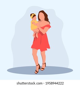 Mother was standing in a red dress holding a baby - Mother Holding Baby - Family flat cartoon vector illustration isolated on white background. 