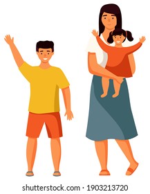 The mother stands with her children a small child in her arms and a boy. Mom and kids isolated on white background. The girl happily raises her hands. Woman is taking care of the baby flat vector