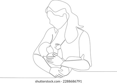 A mother stares at her baby while breastfeeding. Pregnant and breastfeeding one-line drawing