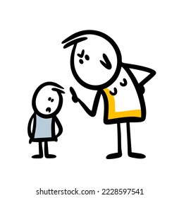 Mother strictly telling something to her son or daughter and points with finger. Vector illustration of doodle stickman family.