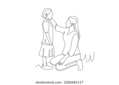 Mother strokes her daughter's cheek. Mother's day concept one-line drawing