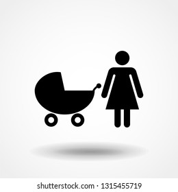 mother with stroller icon in a simple style icon. Simple black family icon. Can be used as web element, family design icon on white background