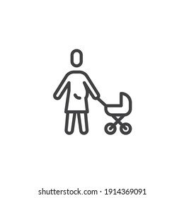 Mother with a stroller line icon. linear style sign for mobile concept and web design. Woman with baby carriage outline vector icon. Symbol, logo illustration. Vector graphics