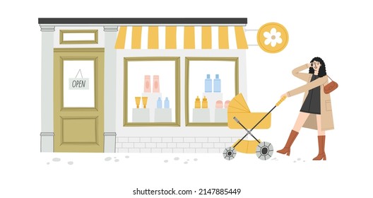 Madre con una tienda de coches. Ilustración vectorial de una tienda linda con productos de belleza y cosméticos. Muestra con crema, esencia, loción, tónico. Bonito exterior urbano con fachada. Comprar con niños.