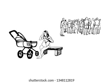 mother with a stroller, walk, vector illustration motherhood, family

