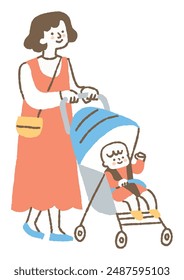 Mother strolling while pushing a stroller_Color