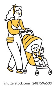 Mother strolling while pushing a stroller_Color