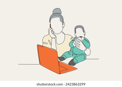 Mother is the strongest human being. Working mom one-line drawing