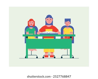 Mother is studying with her daughter and son, reading books together. Design character. Vector flat illustration