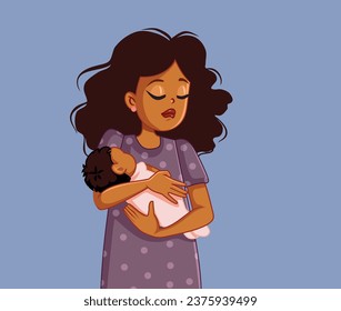 
Mother Suffering from Depression after Giving Birth Vector Illustration. Depressed mom holding her newborn baby feeling extenuated and desperate 
