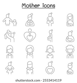 Mother  Super mom icon set in thin line style