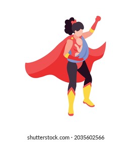 Mother in superhero costume with her baby in sling 3d isometric vector illustration