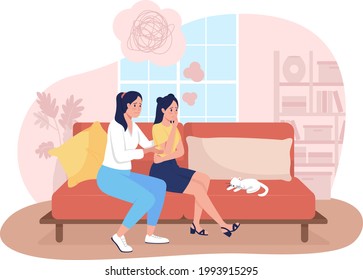 Mother support sad teenage daughter 2D vector isolated illustration. Unhappy girl with mom at home. Supportive family flat characters on cartoon background. Teenager problem colourful scene