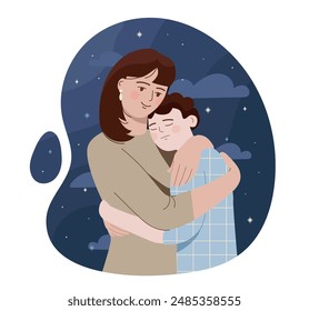 Mother support upset son. Young girl hugs and calms boy. Mental and psychological support. Kid with depression and frustration, sorrow. Flat vector illustration isolated on white background