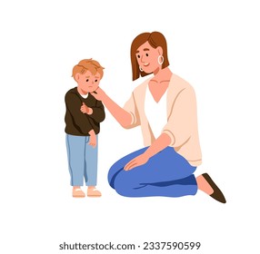 Mother supporting, comforting injured boy kid. Mom caring about child, talking son. Parent and toddler communication, relationship concept. Flat vector illustration isolated on white background