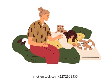 Madre apoyando, reconfortando a la deprimida hija pequeña. Mamá cuidando de un niño triste, acostada en la cama con problemas, dificultades. Ilustración vectorial gráfica plana aislada en fondo blanco