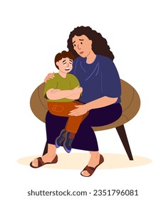 Madre apoyando a su hijo llorando, concepto de cuidado. Mamá reconforta a un niño triste y deprimido. Padre solidario empático ayuda a su hijo adolescente en dificultades. Ilustración plana vectorial aislada, backgroun blanco