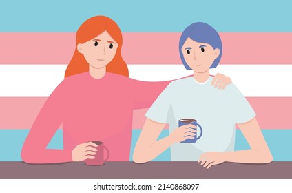  A mother supports her child in the decision to change gender. Vector flat illustration. Parental acceptance of their child's worldview