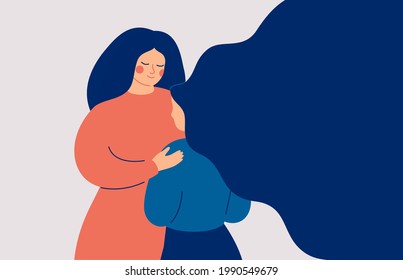 Mother supports her daughter in a difficult time. Female gives empathy for her sad friend. Woman calms another woman who is in depression. Mental health and care concept. Vector illustration