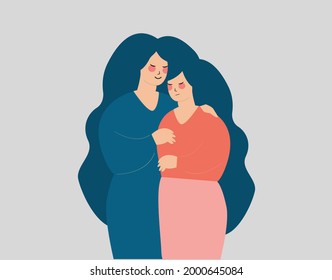 Mother supports her stressed and depressed daughter. Woman comforts and takes care of her best friend from problems and difficult times. True friendship, family support concept. Vector illustration